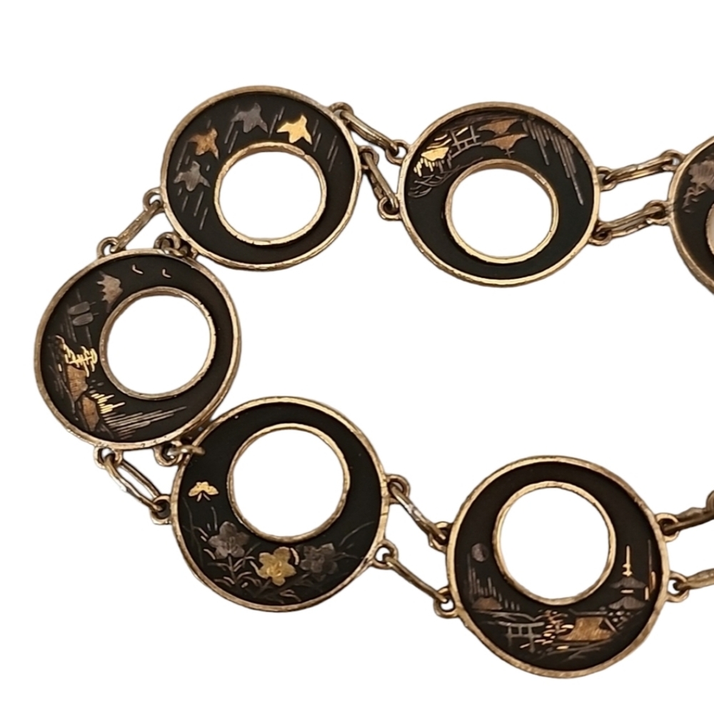 VINTAGE JAPANESE Damascene Bracelet Kyoto Gold Inlay 24K Silver Black Panel RARE - Picture 11 of 16